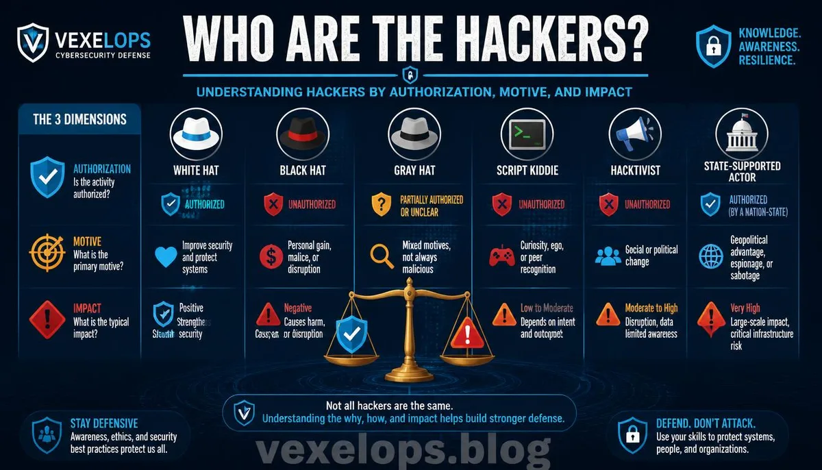 Diagram categorizing different types of hackers based on authorization, intent, and outcome.
