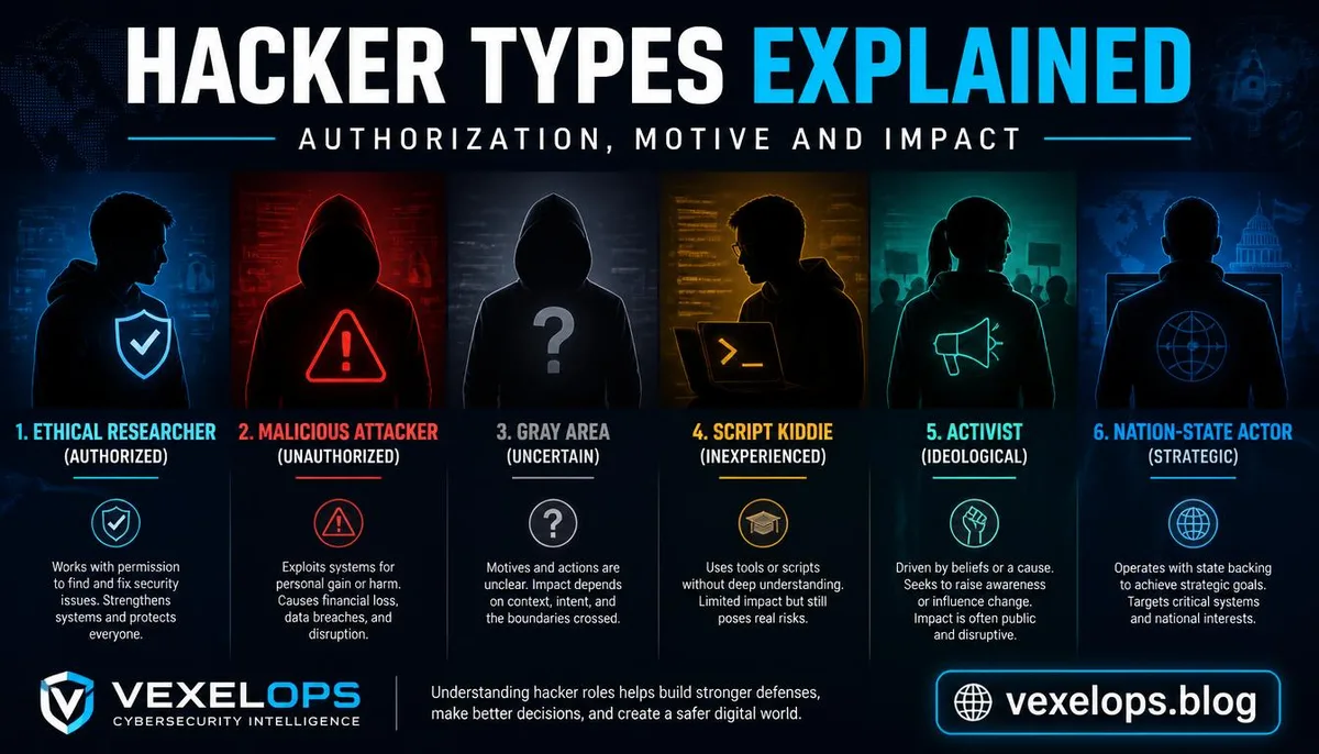 Visual educational representation of hacker classifications, including white hat, black hat, grey hat, and others.