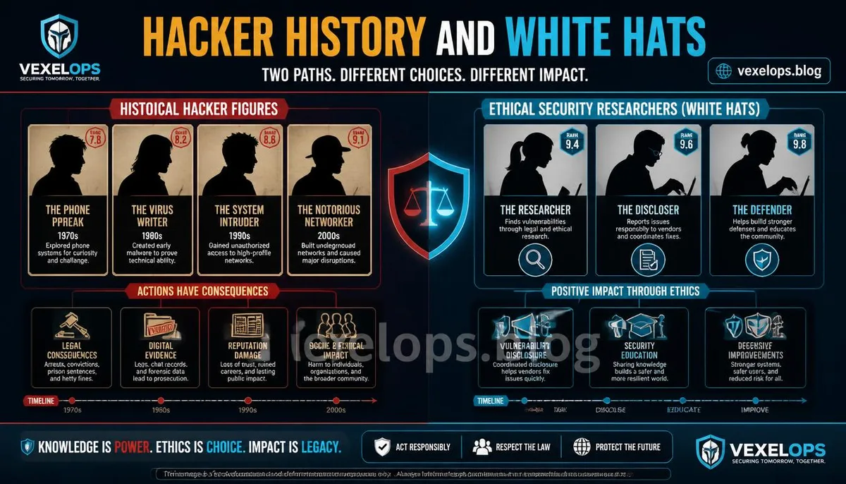 A ranking illustration of globally renowned hackers and white hat researchers in cybersecurity history.
