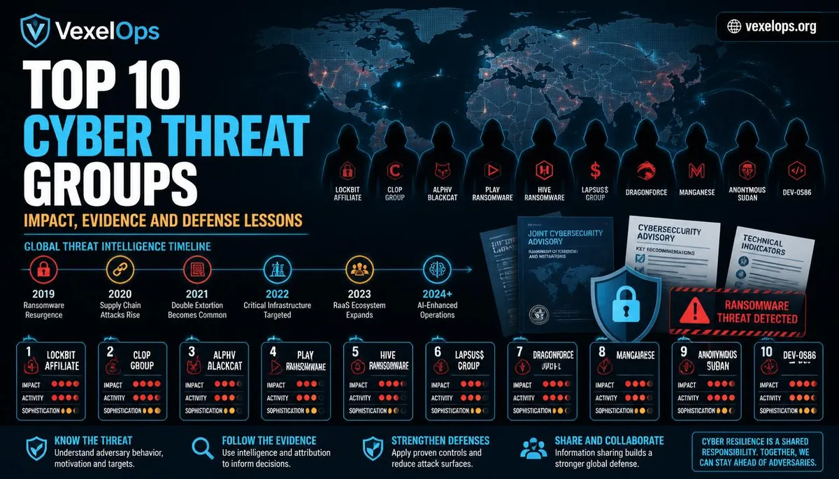 Neutral cybersecurity ranking image of world-renowned hacker organizations and cyber threat incidents.