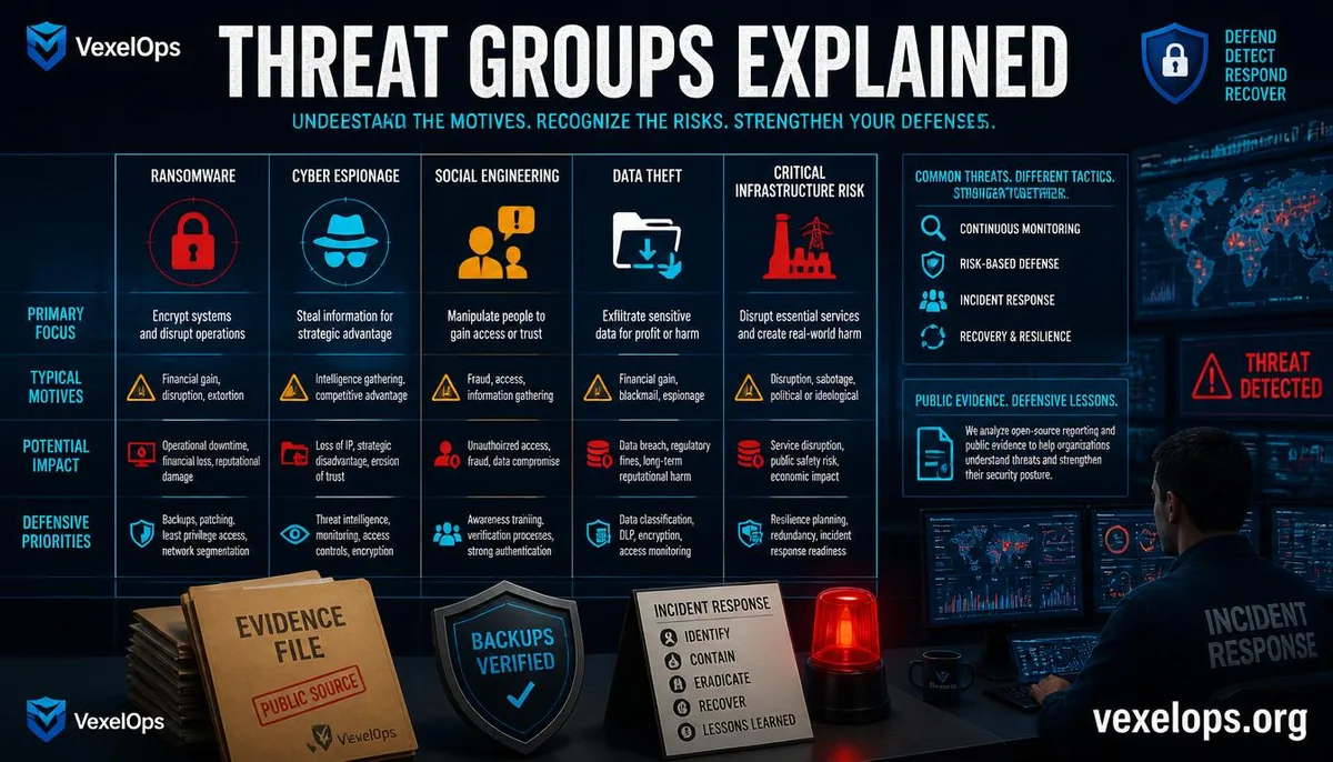 Illustration showing the organization of cyber threat groups according to public event impacts and defensive lessons.