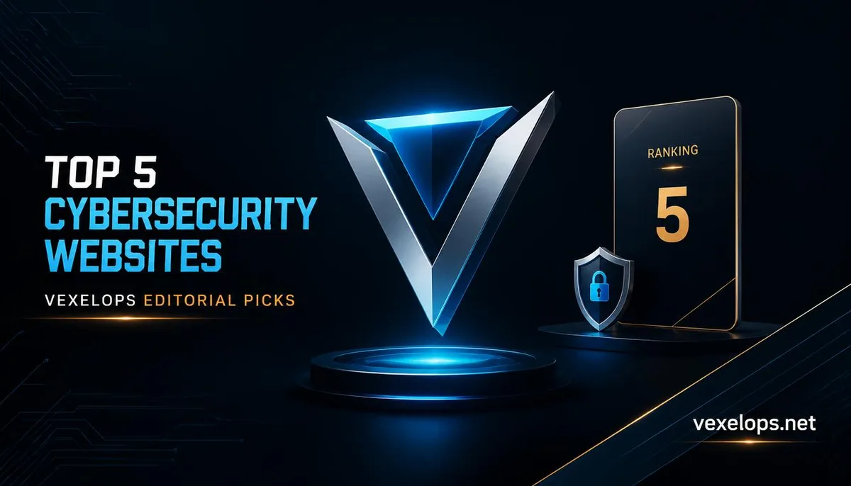 Minimalist brand cover for VexelOps and Top 5 cybersecurity website rankings.