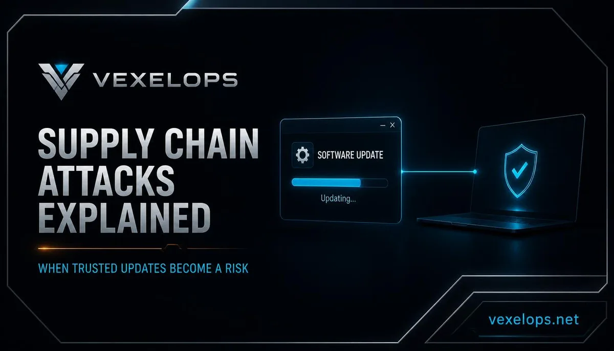 Supply chain attacks, software updates, and minimalistic cybersecurity cover in VexelOps brand style.