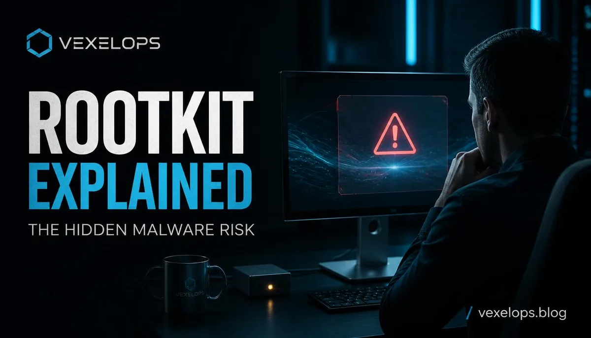 Rootkit concealed malware and VexelOps brand-style cybersecurity investigation cover.