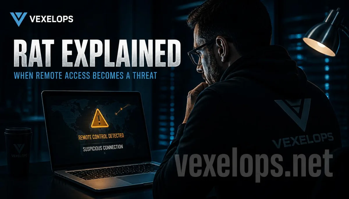 VEXELOPS brand style realistic investigation image of a RAT remote access trojan.