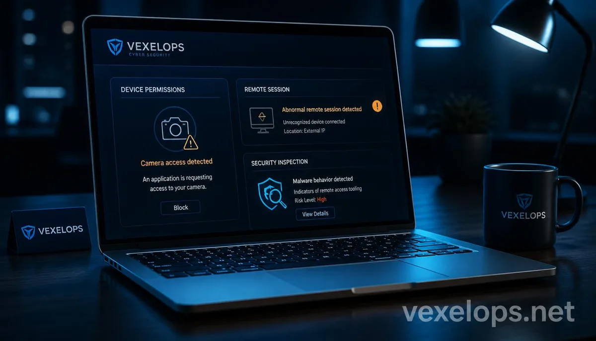 A cybersecurity image of a laptop checking RAT remote control abnormalities and camera permission warnings.