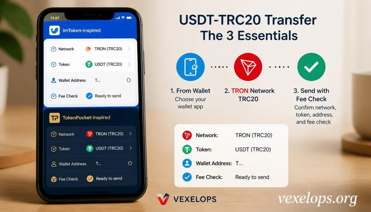 The imToken and TokenPocket wallets showing checks for the TRC20 network, USDT, and TRON transfers.